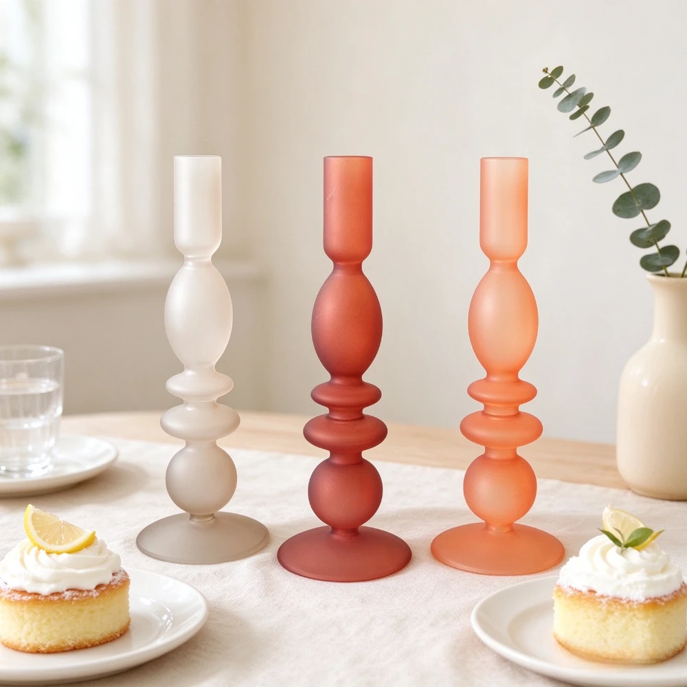 Vintage Bubble Shape Frosted Glass Candlestick Tall Taper Candle Holder Nordic Home Decor Wedding Dinner Party Ornament