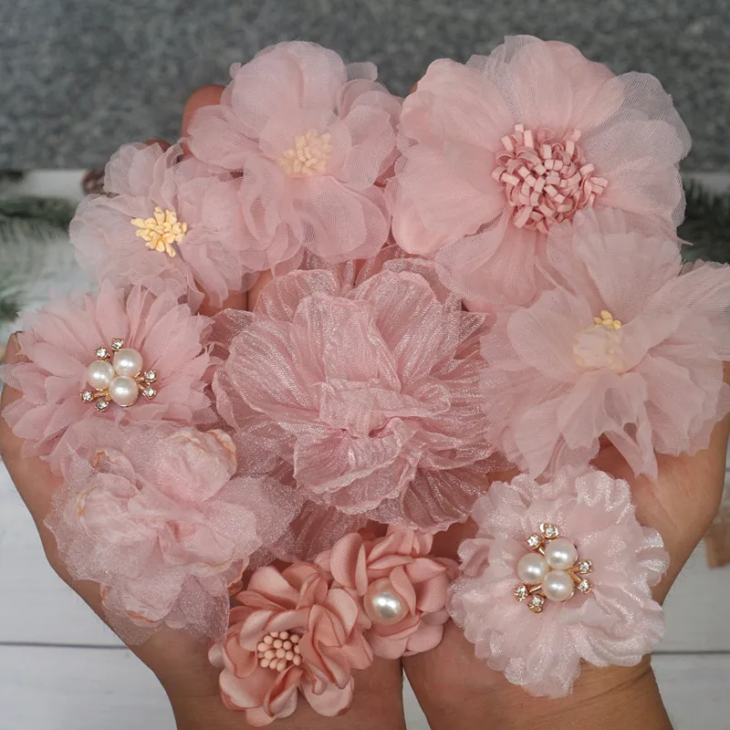 10Pcs Set Pink Series Mix 10 Styles Chiffon Organza Fabric Rose Flowers Wedding Dress Girls Clothing Headwear Decoration DIY