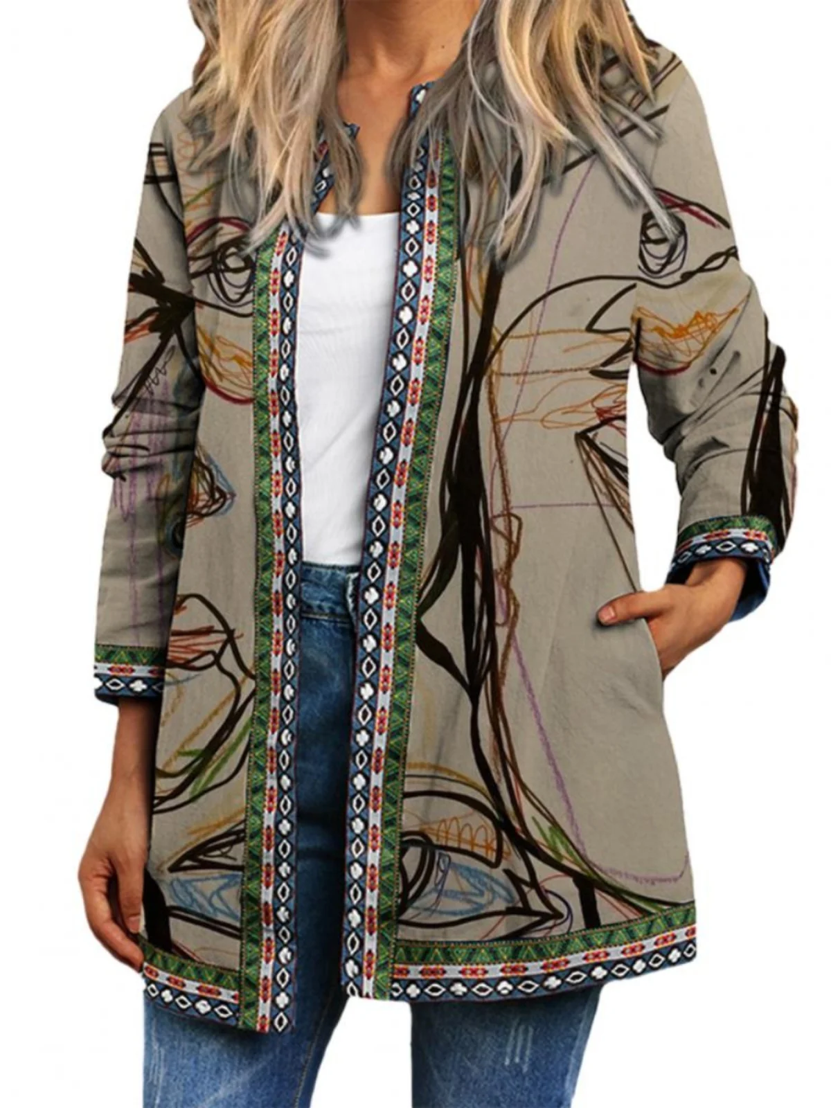 

Ethnic Sle Long Sve Printed Cardigan Vintage Ethnic Wind Coat Street Sle Loose Fit Mid-Length Women's Faion Outerwear