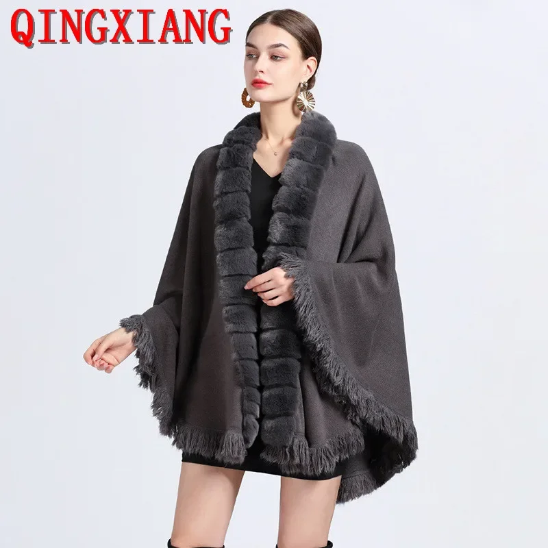 Women Winter Thick Knitted Loose Cloak Bamboo Joint Poncho Oversize Shawl Cape Faux Rabbit Fur Collar Long Tassel Outstreet Coat