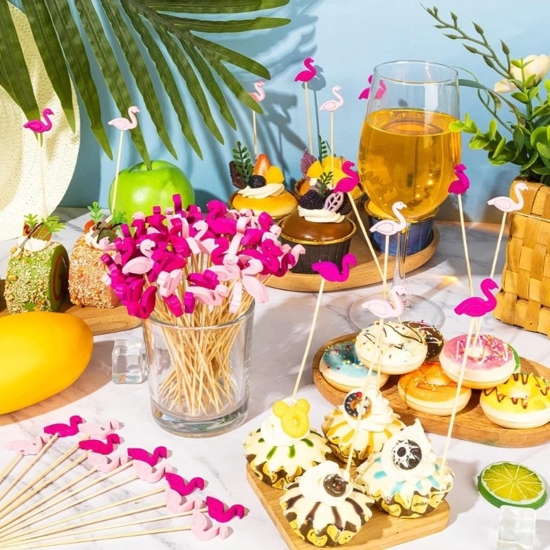 Flamingo Cocktail Picks Wooden 100 Pack, 5.11In Drink Picks Decorative Toothpicks Skewers for Summer Cocktails, Fruit and 87HA