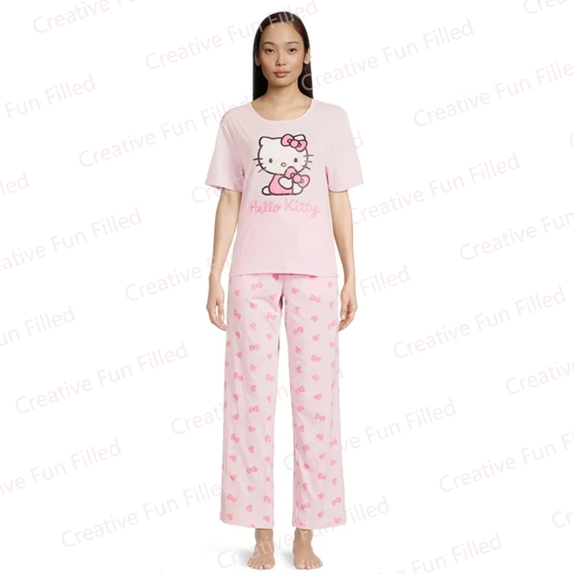 2024 New Arriavl Spring Cartoon Hello Kitty Print Lounge Pants Oversized Short sleeve Casual Tee Pants Sleepwear Set 2-Piece Set