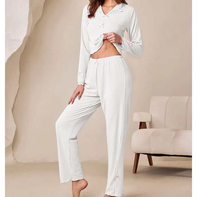 طقم بيجامة نسائي جديد للخريف من الدانتيل مع فيونكة بأكمام طويلة وسراويل طويلة، طقم ملابس منزلية نسائية مكون من قطعتين #4