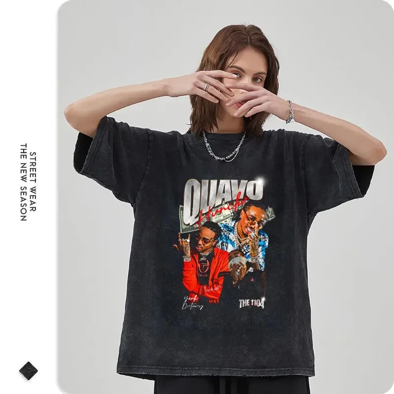 Summer Quavo T Shirt Hip Hop Rapper Huncho Rock Vintage Washed Top Tees Oversized T-shirt Harajuku Short Sleeve Men 100% Cotton