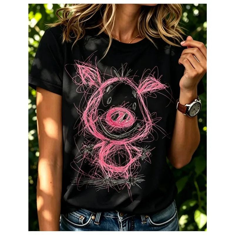 Spring Summer Pure Cotton Women's T-shirts Print Lovely Pink Pig Round Neck Tops Daily Home Study Y2k Fashion Clothes For Women
