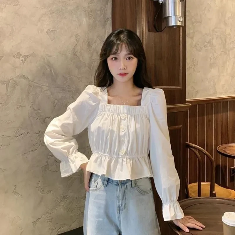 Y2K Women Solid Shirt Korean Sweet Folds Flare Long Sleeve Female Blouse Summer Fashion Square Collar All Match Ladies Crop Top