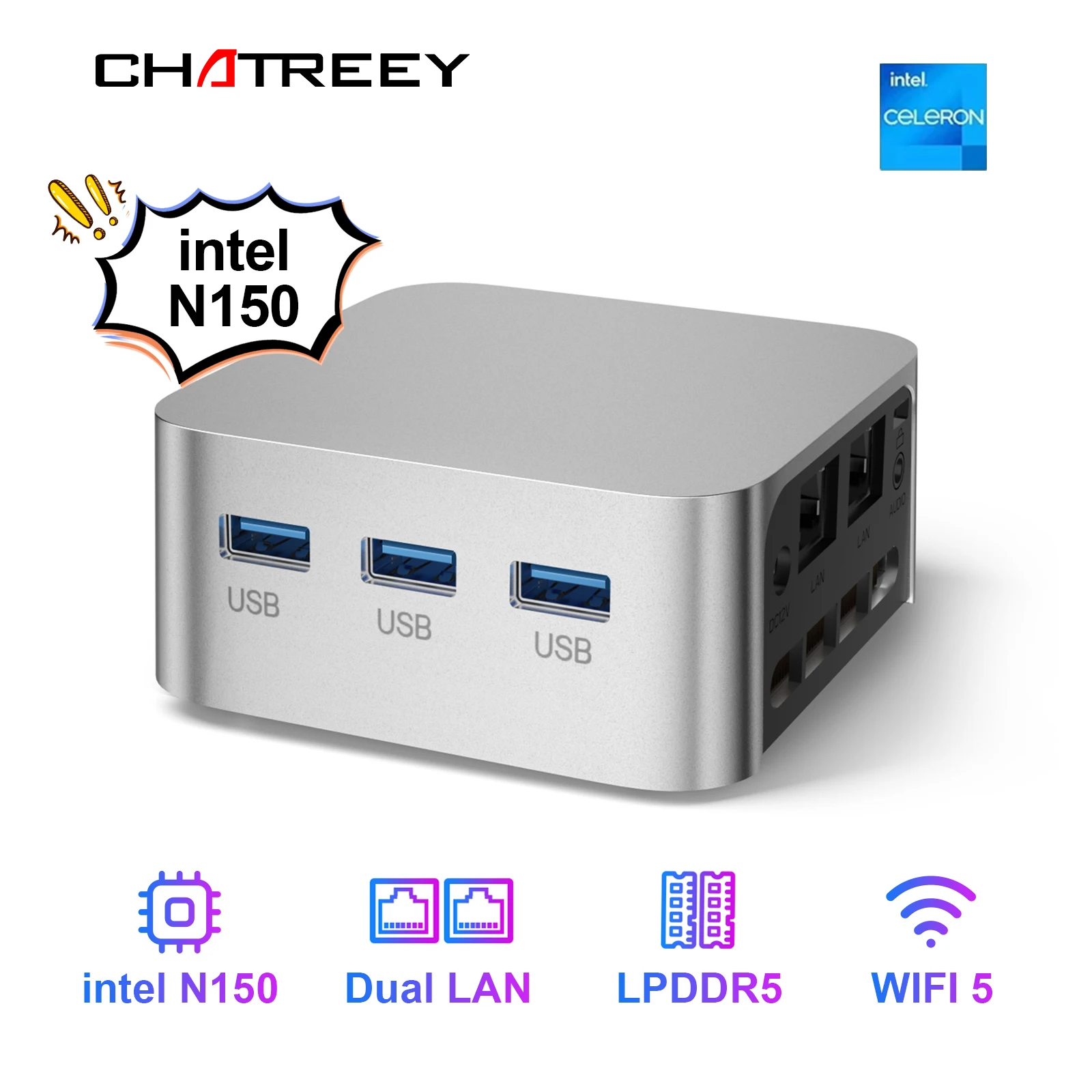 Intel Celeron N150 Mini PC ChatreeyT8 Pro 12G RAM Windows 11 Computer Dual LAN Tre HD Firewall Server wifi 5