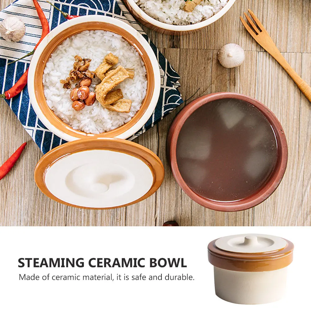

Ceramic Steamed Rice Bowl Lid Covered Practical Ceramic Stew Pot Kitchen Supplies Soup Bowl Retro Mini Stew Pot