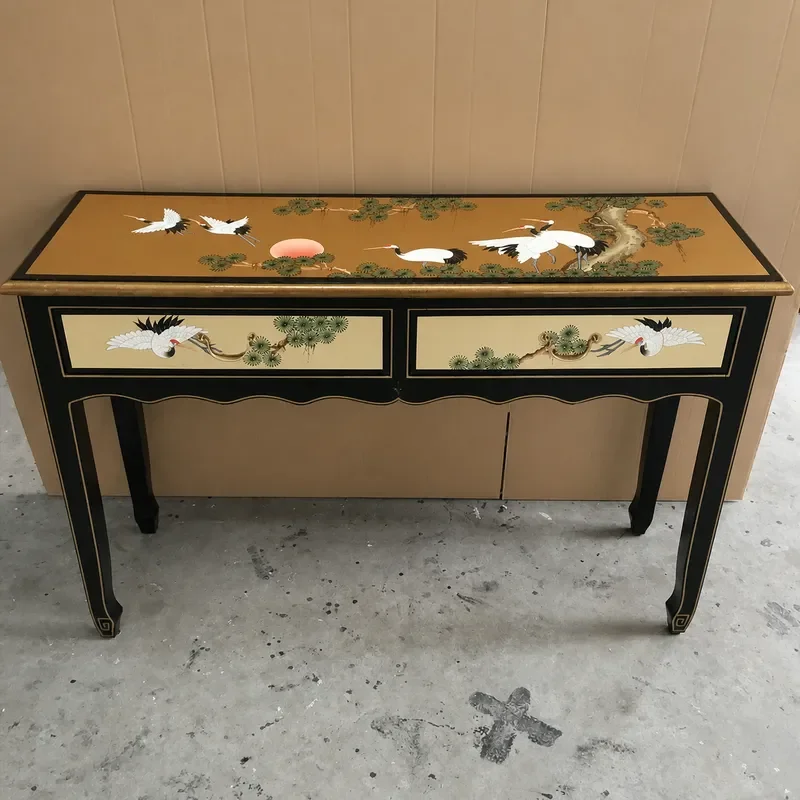 Hand Painted Solid Wood Two Drawer Porch Table with Bright Paint and Gold Foil Accent Cabinet Furniture for Entryway or