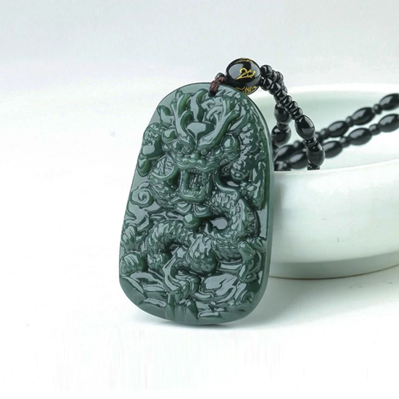 Certified Natural Heitan Jade Necklace Pendant Dragon Amulet Healing Jewelry for Men Women Couples