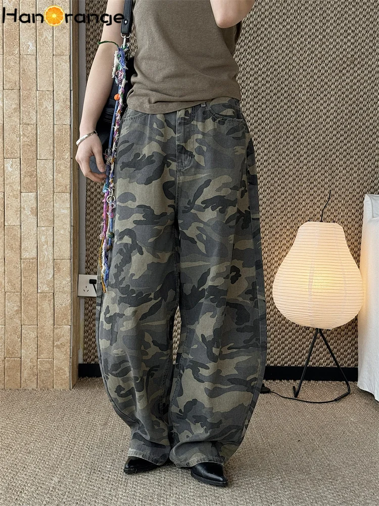 HanOrange 2026 Spring Retro Camouflage Curved Knife Wide Leg Jeans Women Loose Silhouette Denim Pants