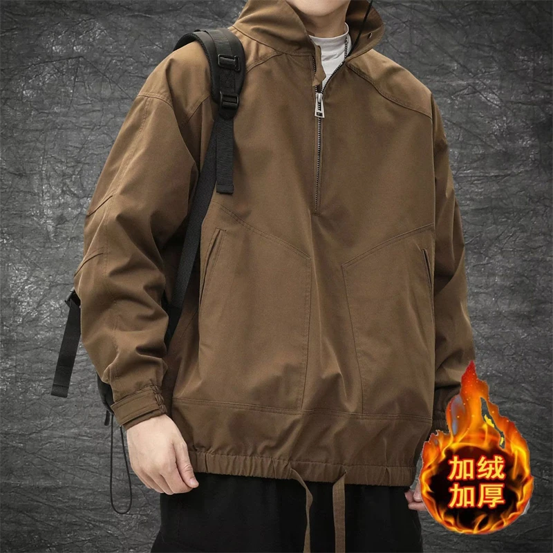 

Men Trendy Vintage Stand Collar Half Zipper Windproof Jacket Autumn Winter Male Lace-up Long Sleeve Loose Fleece Thick Warm Coat