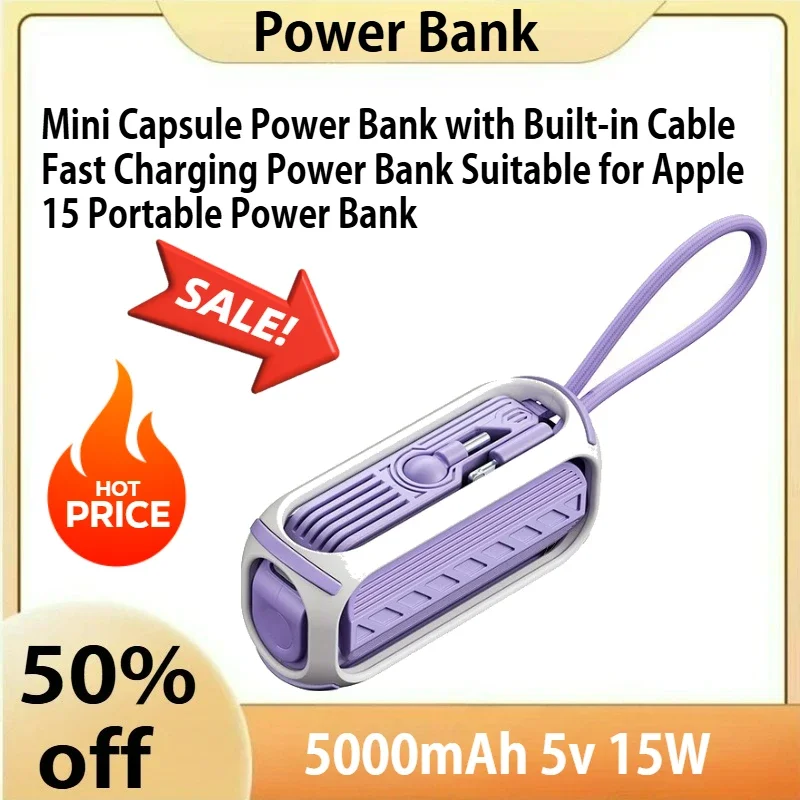 

5000mAh 5v Mini Capsule Power Bank with Built-in Cable Fast Charging Power Bank Suitable for Apple 15 Portable Power Bank