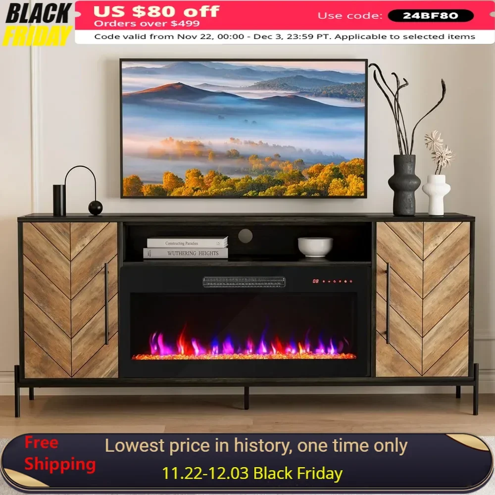 

68" TV Stand with 36" Electric Fireplace Heater, Storage Cabinet, Entertainment Center for TVs up to 75", Living Room TV Stand