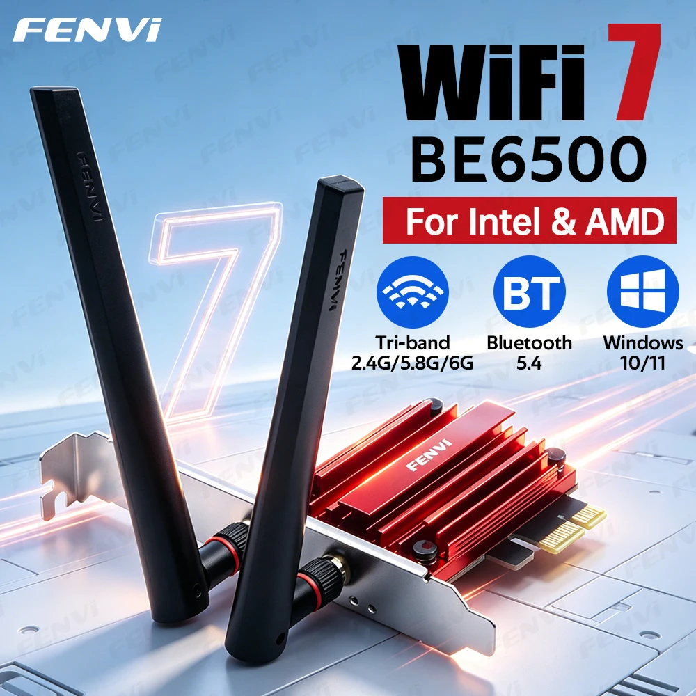 Adaptateur WIFI 7 FENVI BE6500 PCIe, Bluetooth 5.4, carte réseau Tri Band WiFi7 MT7925, 2.4G/5Ghz/6Ghz 802.11BE pour AMD PC Win10/11