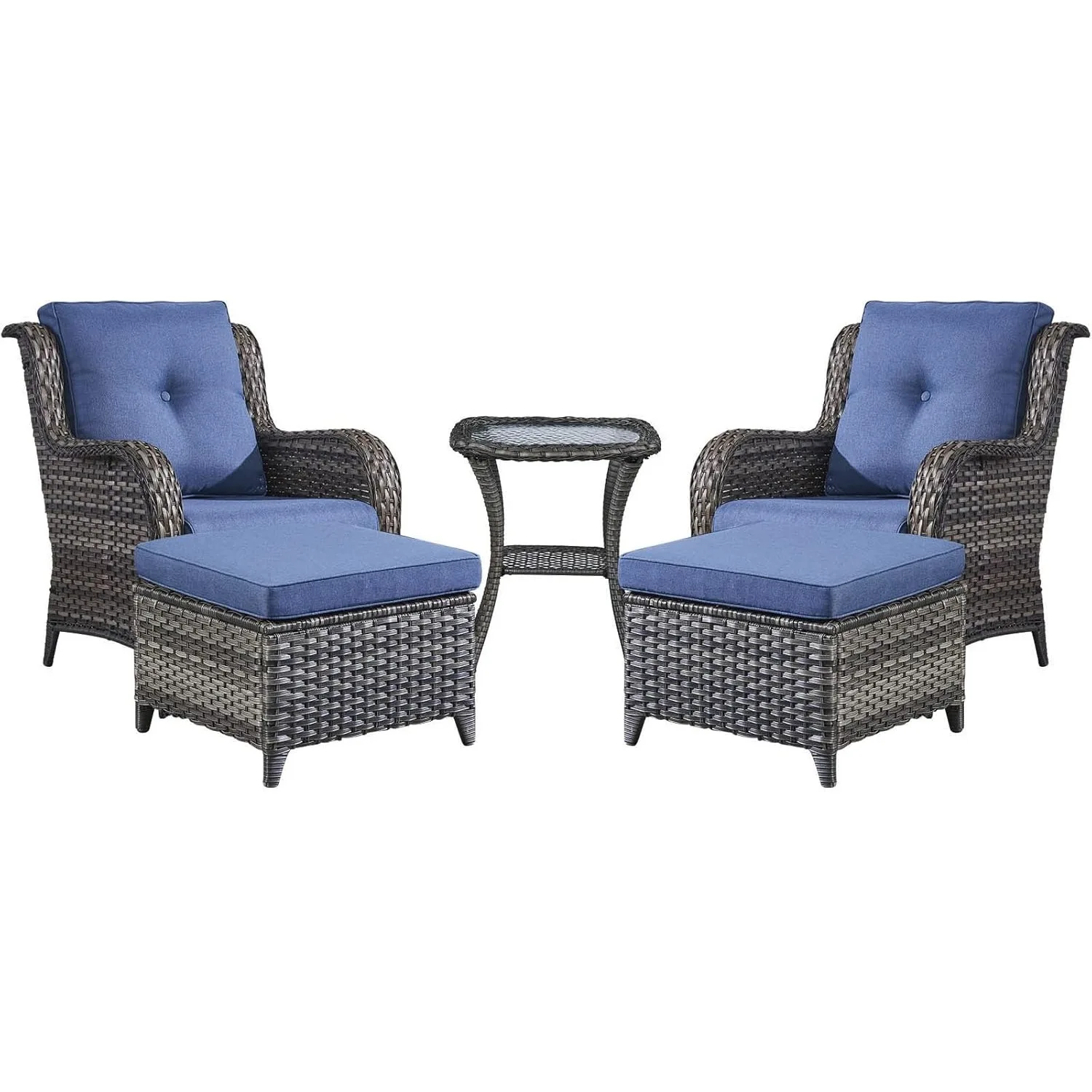 

Wicker Patio Furniture Set - 5 Piece Rattan Sectional Conversation Sets w/ 2 Wicker Chairs,2 Wicker Ottomans & 1 Side Table