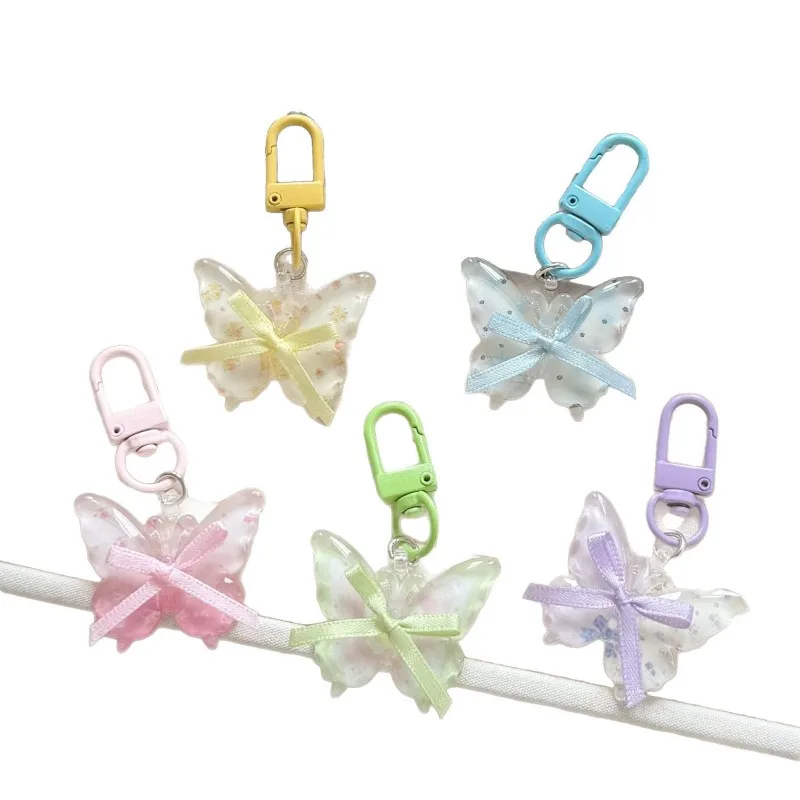 Mini Floral Butterfly Key Ring with Ribbon Bow, Delicate Transparent Key Chain, Lovely Accessory for Backpack Bags