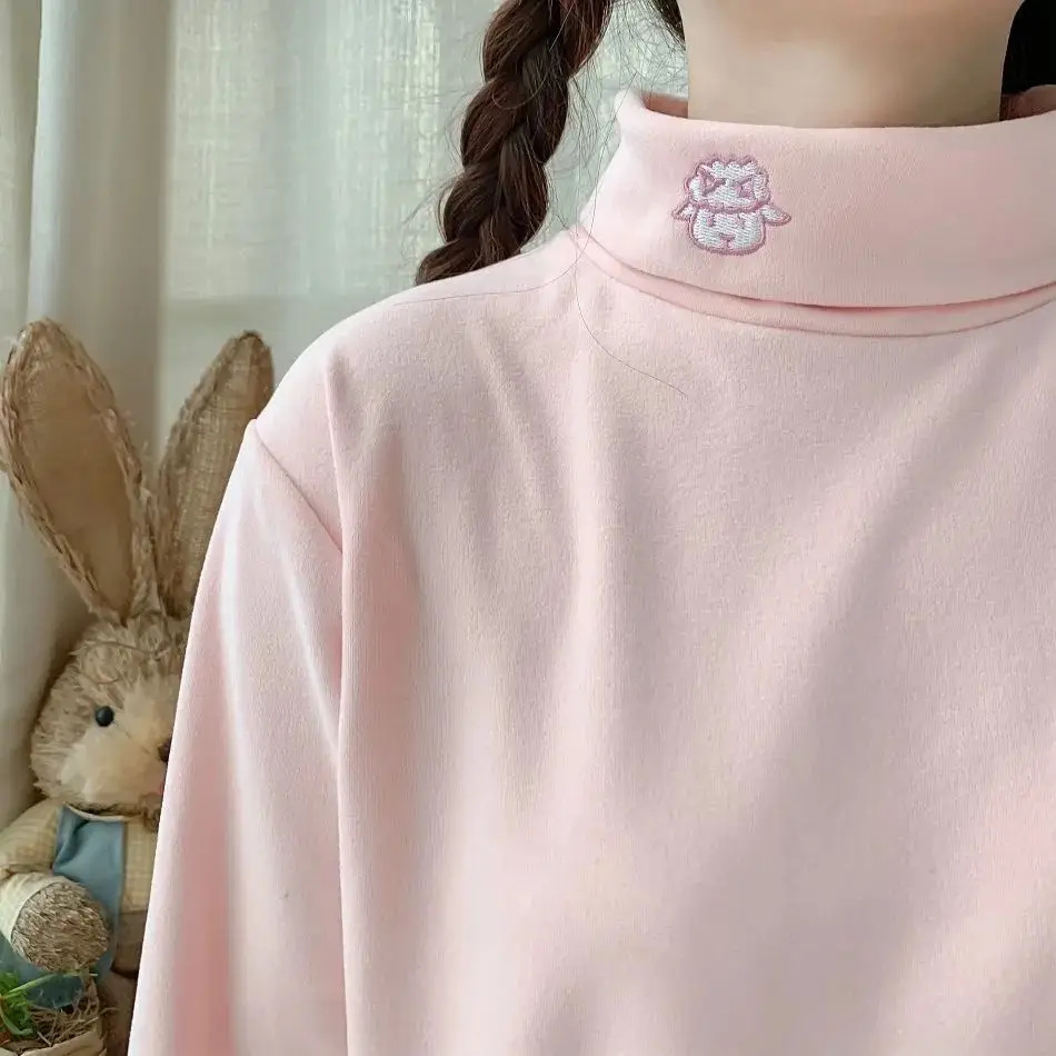 Thickened Fleece High Collar Long Sleeve Women's T-shirt Embroidered Sheep Warm Base Layer Top Korean Style Loose Fit