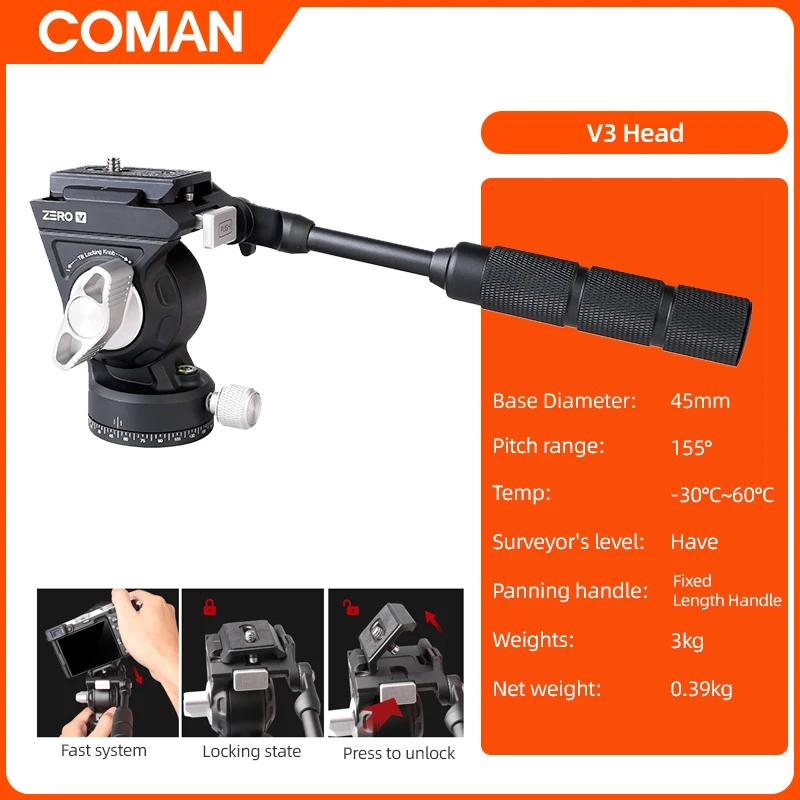

COMAN V3 Mini Tripod Head Lightweight Camera Video Fluid Head for Tripod Monopod Arca Swiss Quick Release Plate for DSLR Cameras