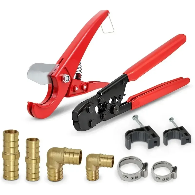 Home.Pexflow Starter Kit for 1/2-In Pex with Crimper & Cutter Tools - Set includes Brass Elbow & Coupling Fittings, Cinch Clamp