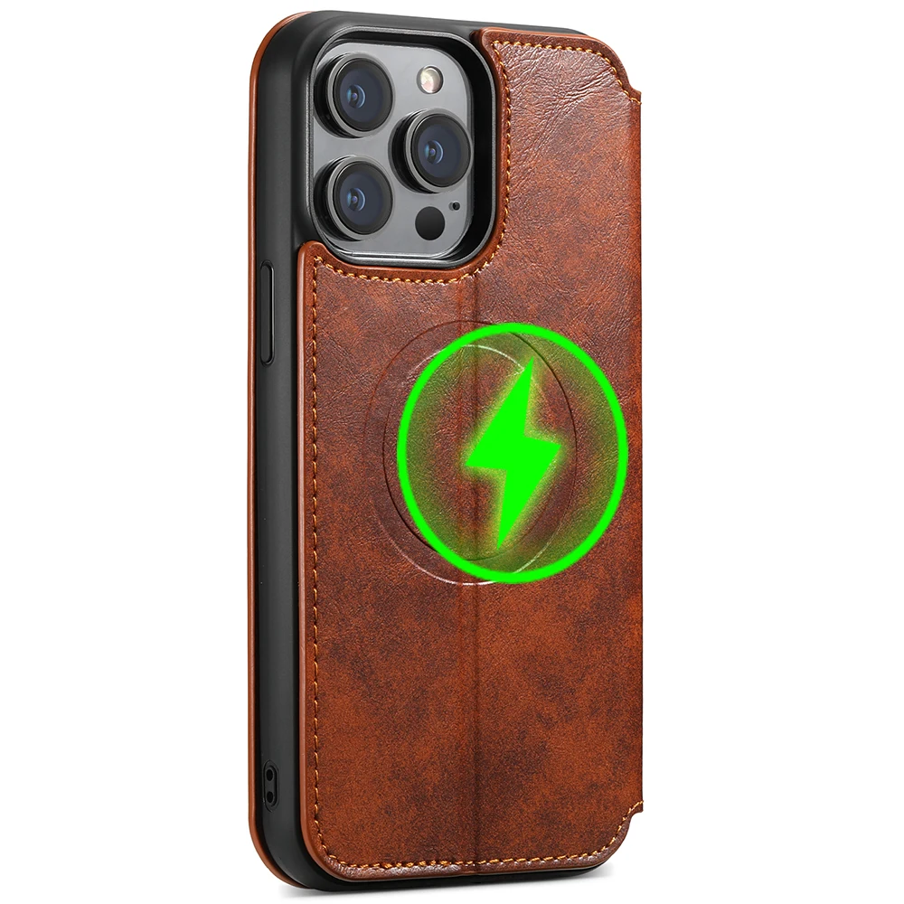 SUTENI Magsafe Lederen Telefoon Case Voor iPhone 12 13 14 15 16 17 Pro Max Plus Flip Cover Portemonnee voor Mannen Kaarthouder