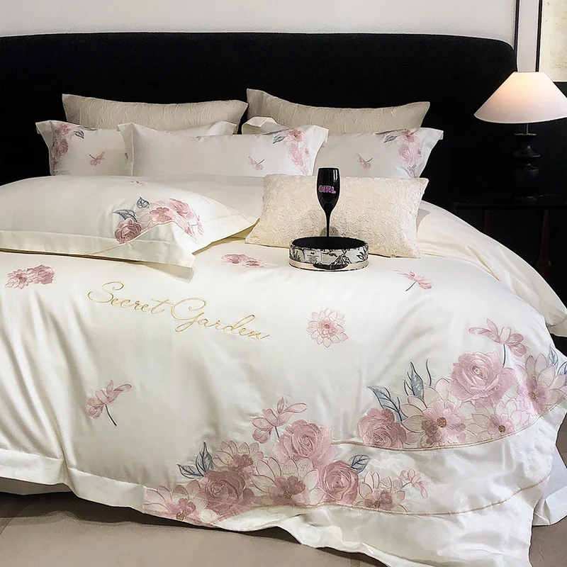 4Pcs Luxury Flowers Embroidery Bedding Set 600TC Egyptian Cotton Duvet Cover Bed Sheet/Fitted Sheet Pillowcases Queen King Size