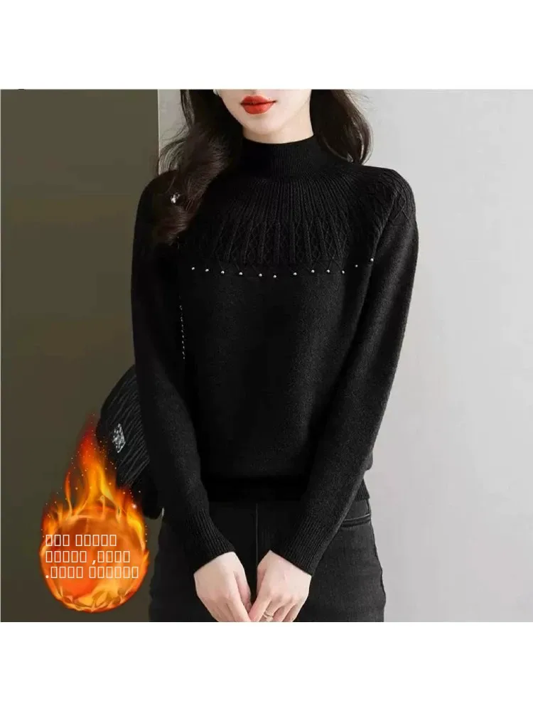 Suéter de Mujer con Cuello Medio Alto, For de Felpa, ueso, Ropa Interior, Estilo Nuevo de Otoño Invierno, Cseta Base...