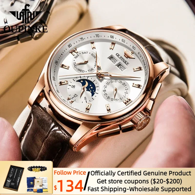 OUPINKE-Reloj de lujo para hombre, pulsera mecánica de marca superior, de cristal de zafiro, resistente al agua, con correa de cuero, automático,