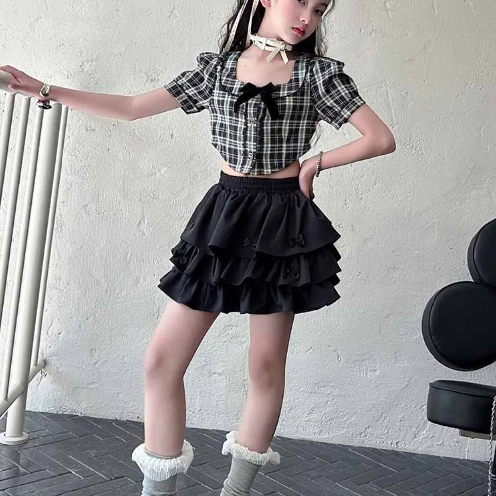 كعكة اللباس الحلو الفتيات ارتداء دعوى قصيرة الأكمام المراهقين تي شيرت منقوشة تنورة مجموعة Preppy نمط زي حزب الأطفال ملابس الصيف #2