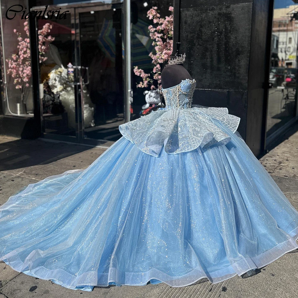 Vestido De quinceañera sin mangas, vestido De baile con cuentas De cristal, corsé con volantes, ilusión azul claro, 15 Años