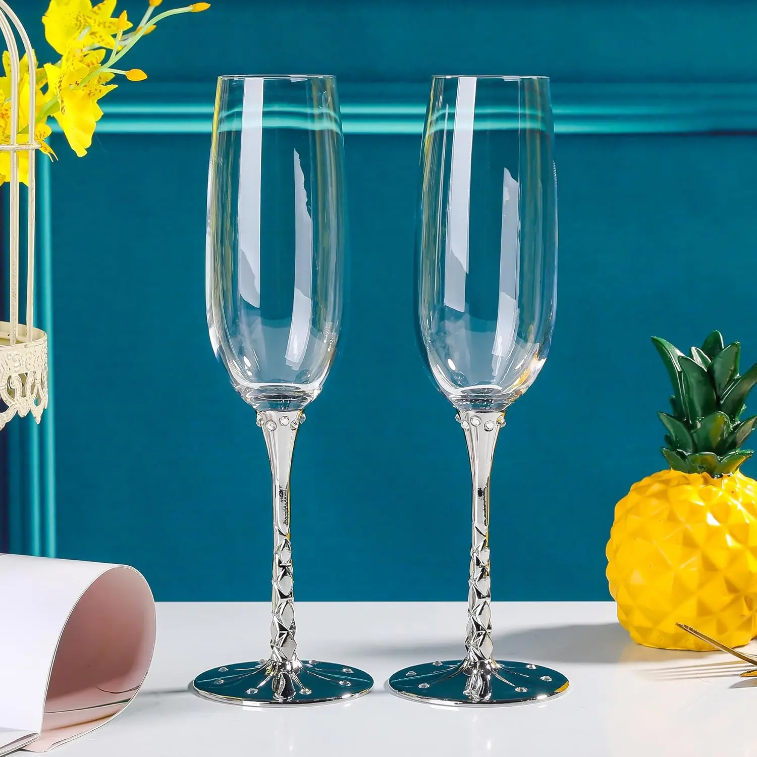 

Champagne Glasses Set of 2, 7 oz Clear Flutes - Perfect for Gifts, Weddings, Parties, Christmas (Silver)