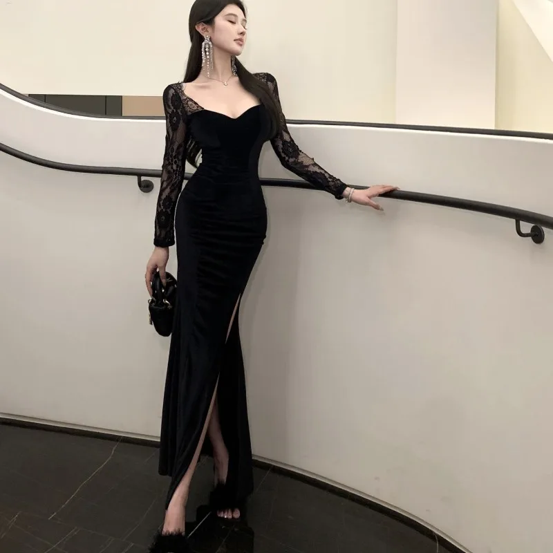 

2025 Autumn and Winter New Style Gold Velvet Fashionable Lace Splicing Slim Long Hip-covering Dress