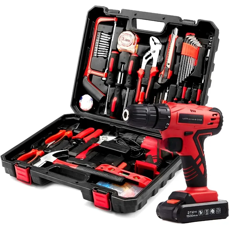 Tool Set with Drill, Cordless Hammer Drill Tool Kit 110Pcs Household Power Tools Drill Set with 21V Li-Ion Battery & Charger fo