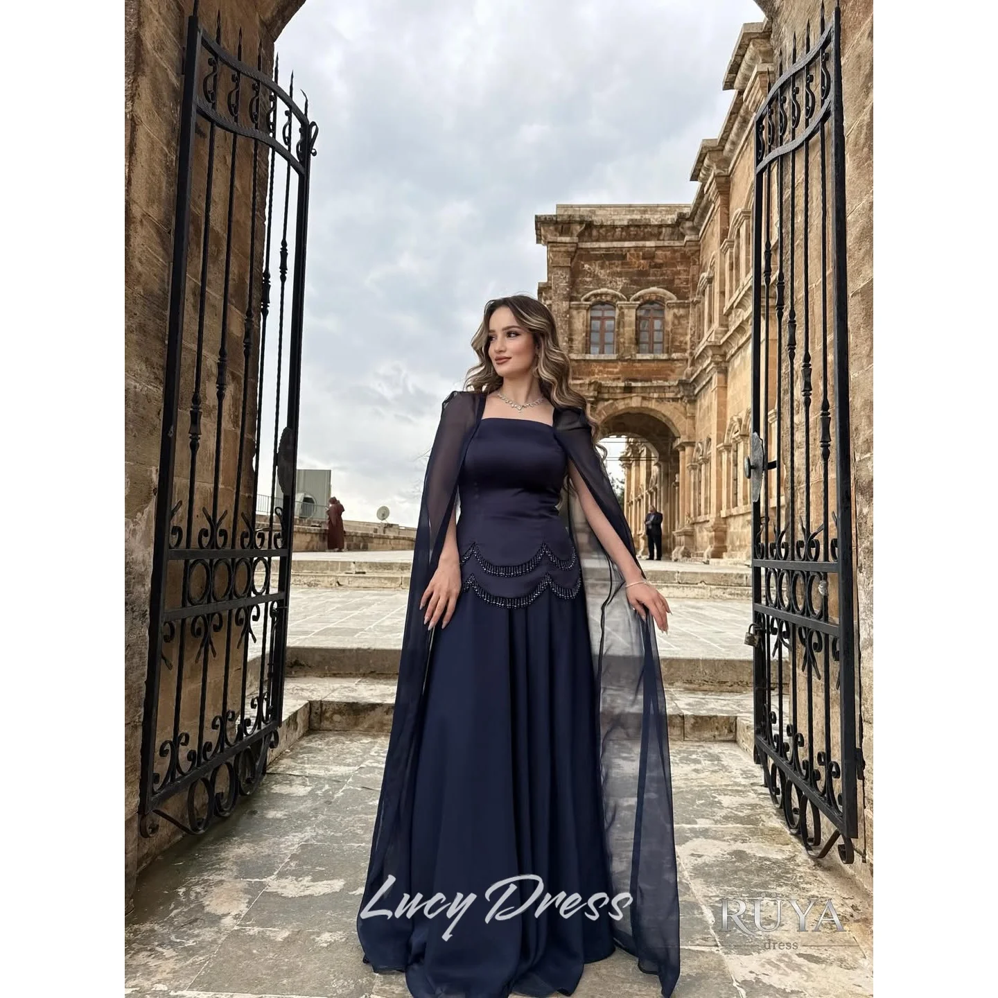 

Lucy Crepe Square Collar Navy A-Line Evening Dress 2026 Prom Dress Elegant Women Formal Evening Customized Robes de Soirée