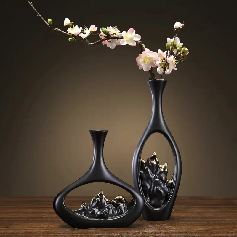 Chinese Landscape Hollow Vase, Zen Black Hand-painted Ceramic Flower, Porch, Living Room, Fake Flower Decoration Ornaments, New