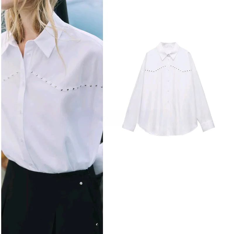 Printemps nouveauté femmes coupe ample longue col Sve irt Punk Sle Rivet décoré en mousseline de soie matériel trajet Sle