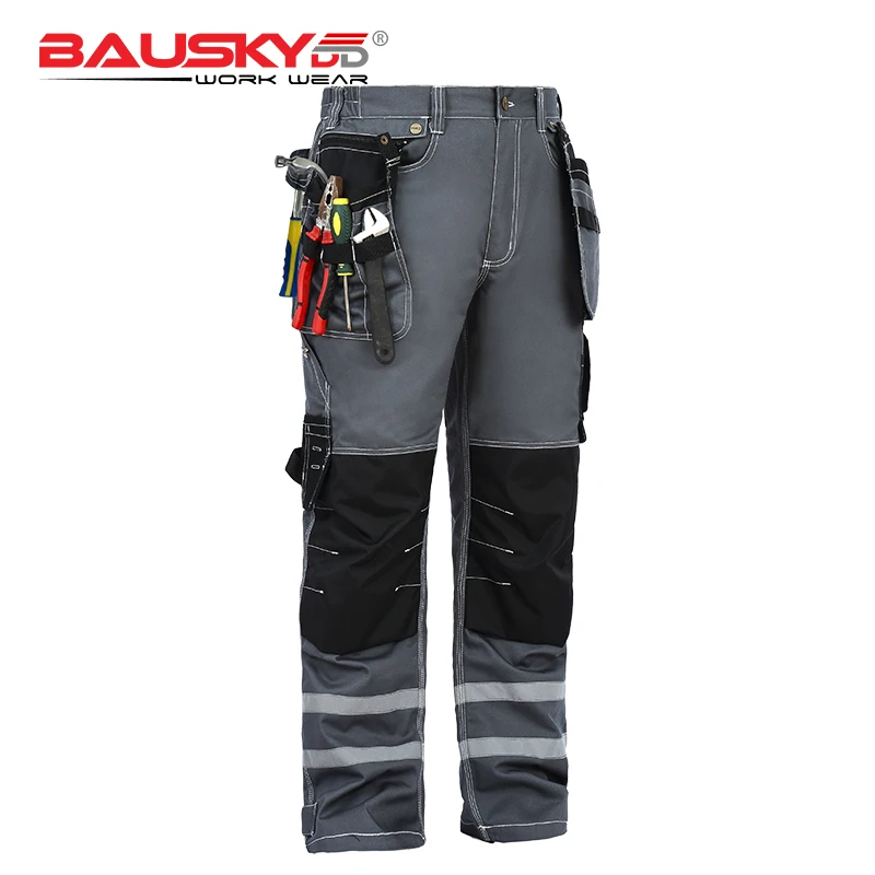 Bauskydd Mens carperner 100% cotton grey reflective work trousers with eva  knee pads work pants men