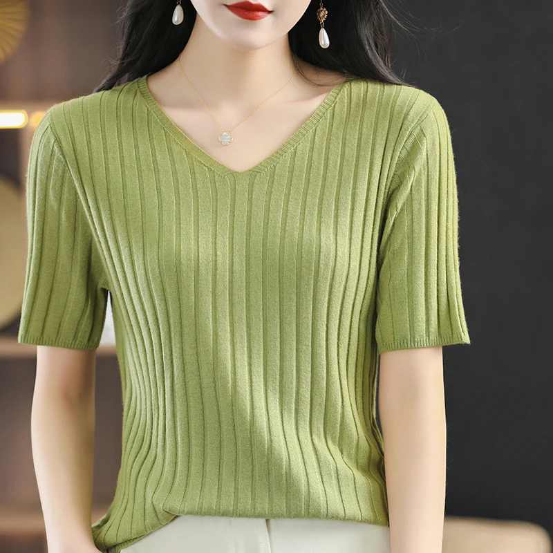 V-neck Knitted Short-Sleeved T-Shirt Women's Sweater Pullover Western-Style Bottoming Simple Solid Color All-Match Short Summer