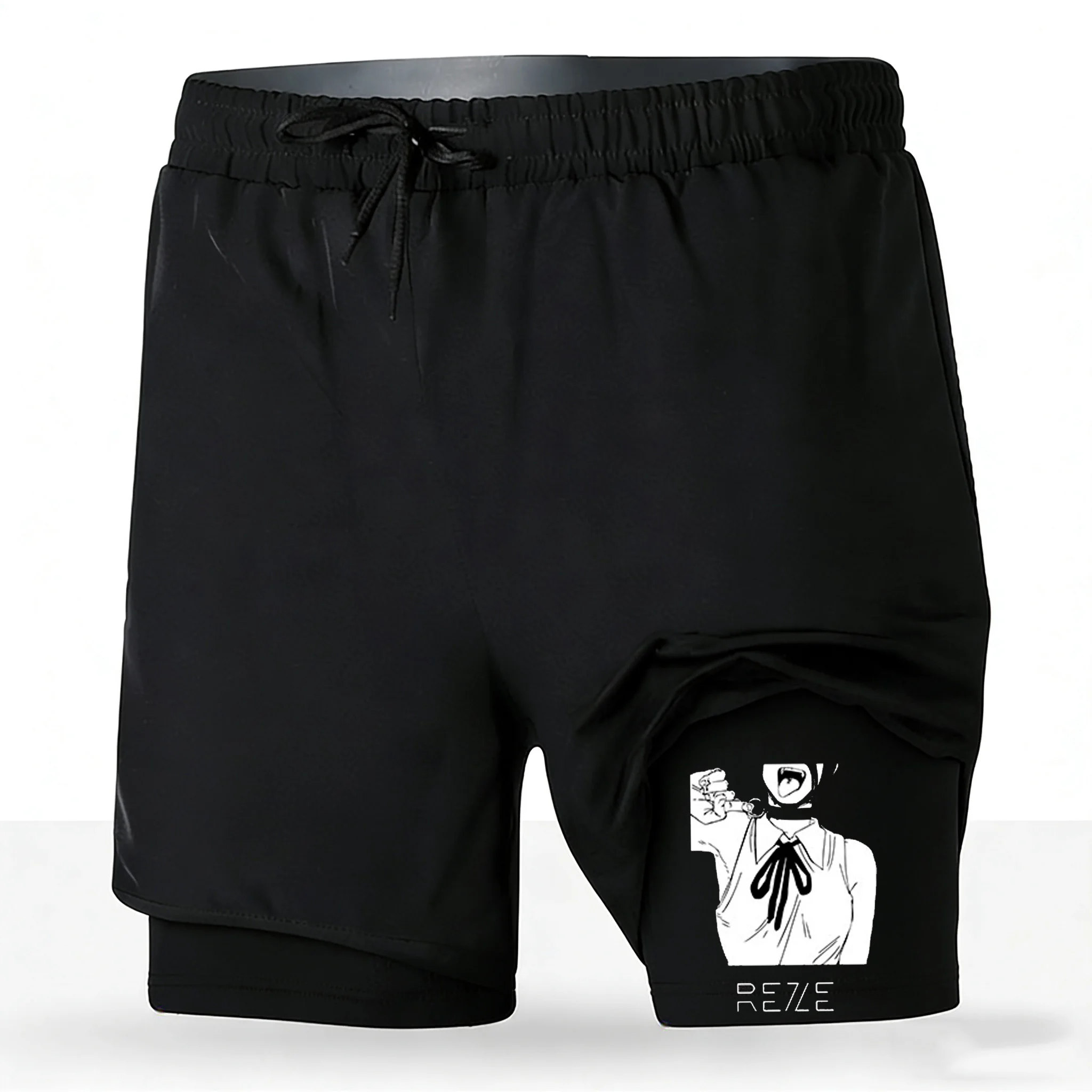 Chainsaw Man Reze Bomb Devil Black White Manga 2 in 1 Performance Athletic Shorts 2026 Anime Gym Workout Shorts for Men Women
