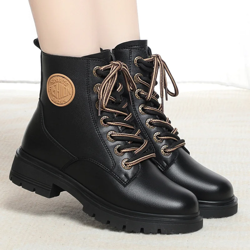 Autumn Winter Non-slip Women Ankle Boots Fashion Lace-up Flat Casual Sewing Black Solid Color Velvet Thick Sole Boots