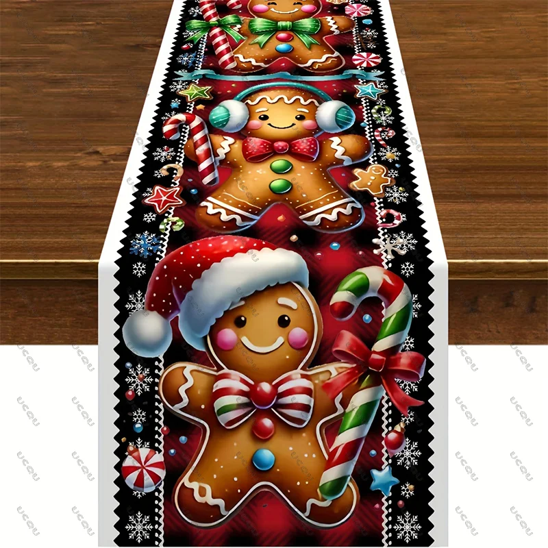 

Christmas Cheer Table Runner Decorative Cloth Flag Family Party Gift Xmas Home Festive Holiday Dining Kitchen G-Gingerbread Man