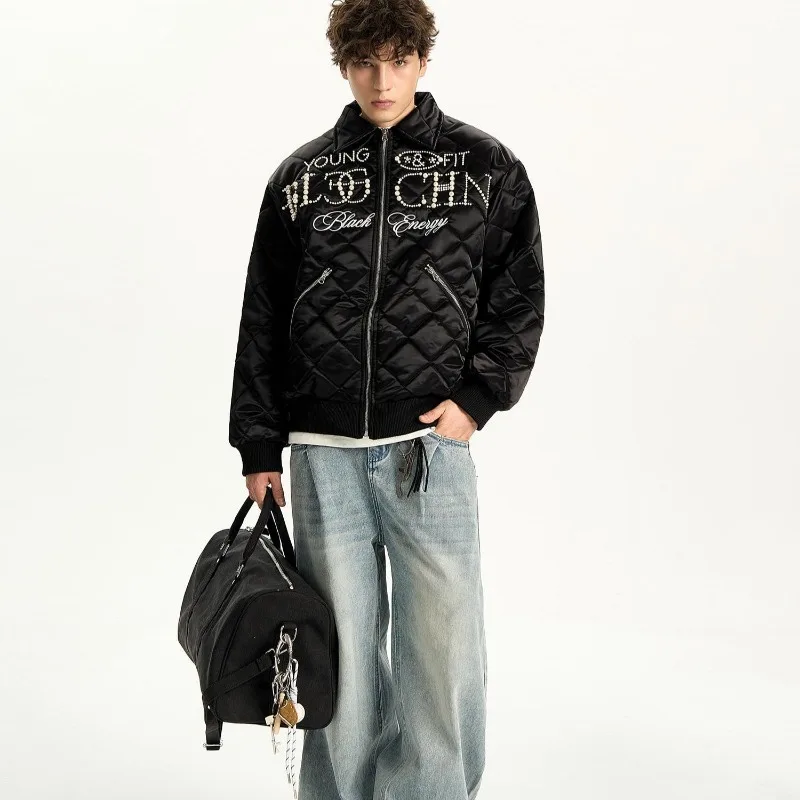 Beading Rhombus Men's Padded Coas American Retro Embroidery Winter Bomber Jackets Women Parkas Fashion Men Winter Clothes Unisex