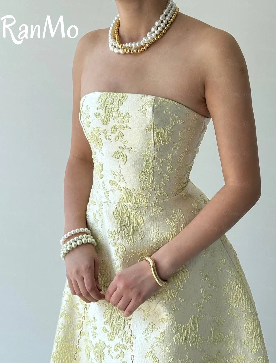 Ranmo 2025 새로운 겸손한 노란색 자카드 드레스 이브닝 드레스 민소매 새틴 맞춤형 사우디 아라비아 Vestidos De Festa Customized