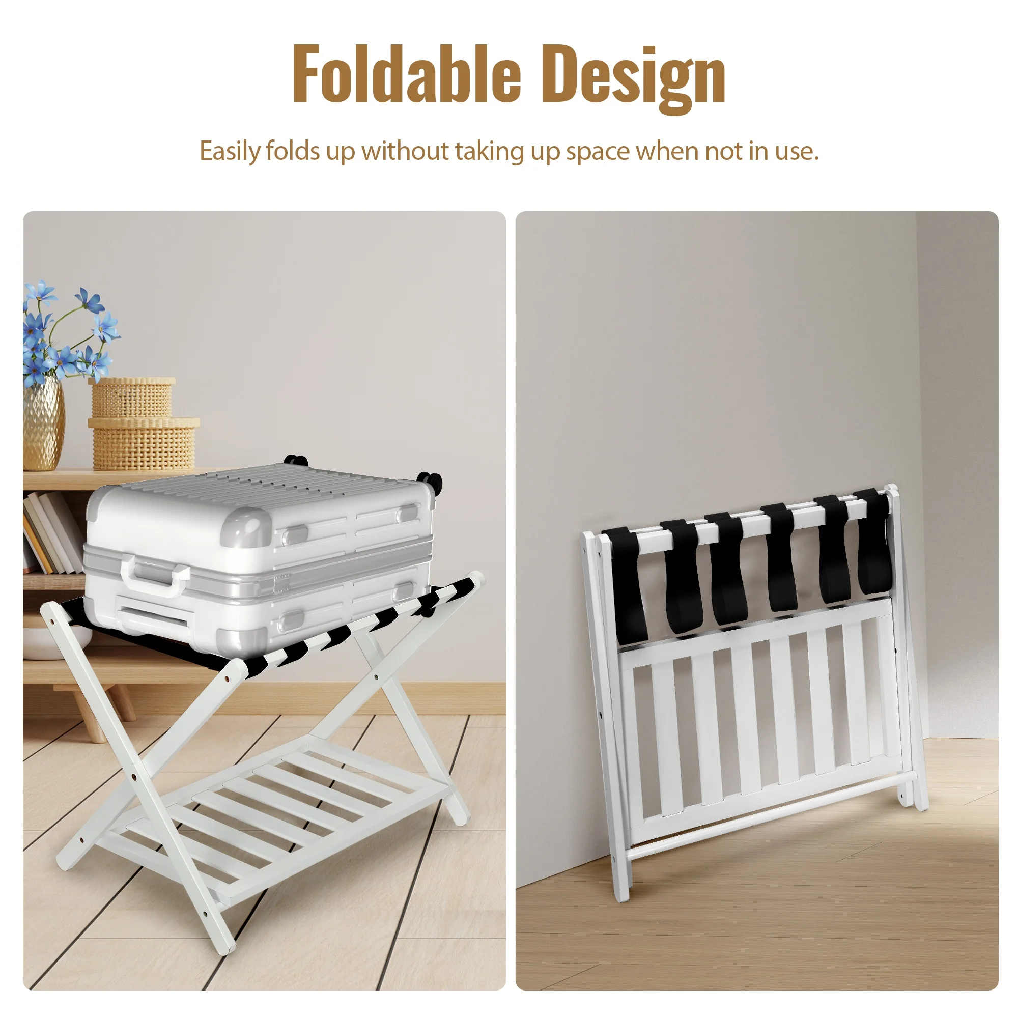 

Luggage Holder Suitcase Stand 2 Packs Luggage Rack Bamboo Nylon Straps Folding Luggage Rack for Guest Room with Storage Shelf