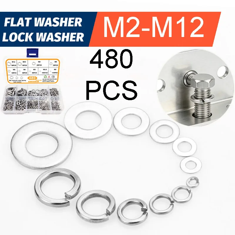 480PCS M2-M12 304 Stainless Steel Spring Lock Washer Set, Assorted Flat Ring for Automotive & Machinery Repair