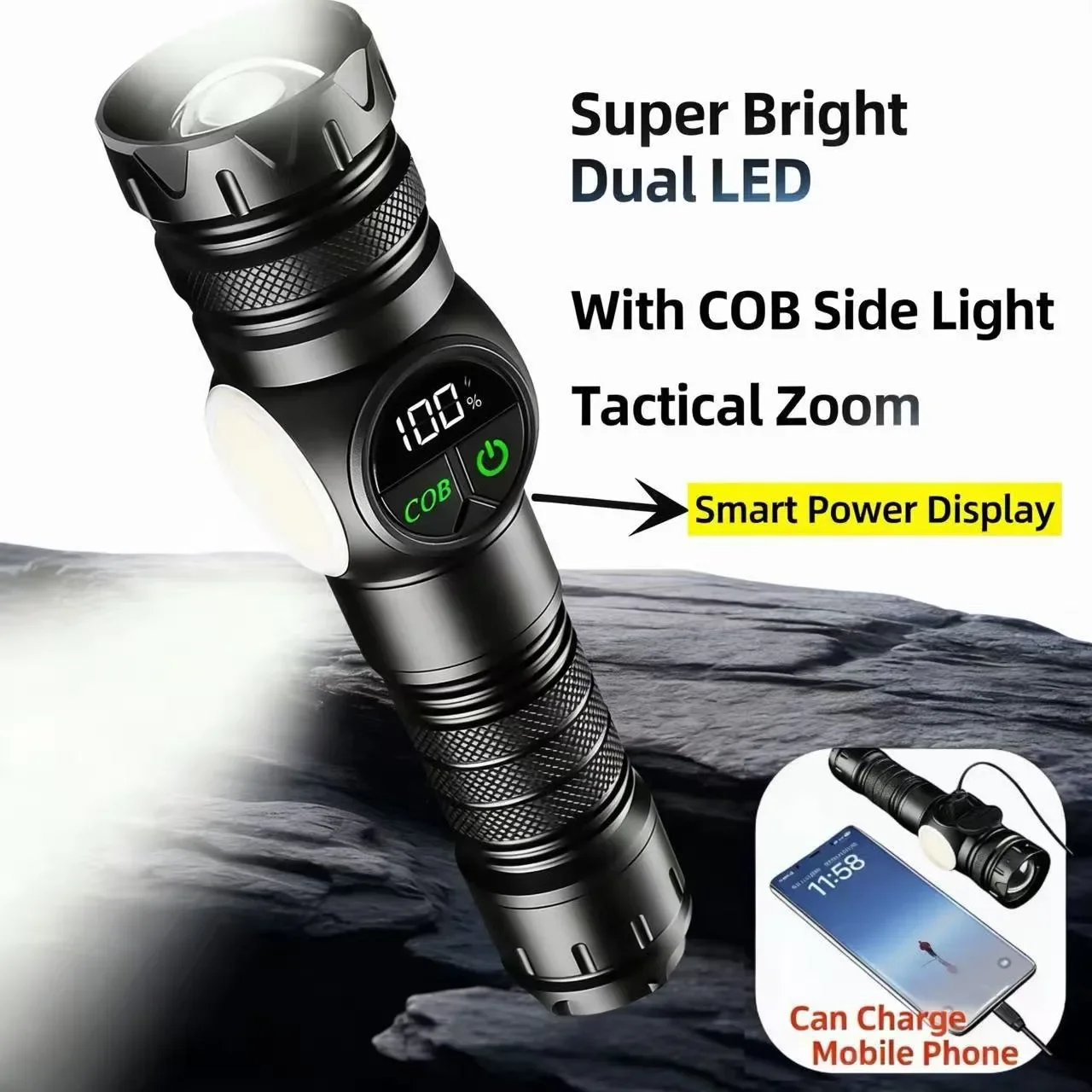 Portable Zoom Flashlight Type-C RechargeableTorch with Digital Power Screen Red Yellow COB Side Light Dual Switches &Tail Magnet