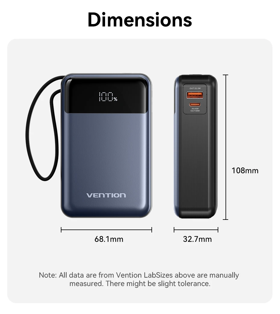 VENTION Power Bank 20000mAh 45W Ultra Rapide – Chargeur Portable PD/PPS Avec Câble USB-C Intégré, Écran LED, Pour IPhone 16/15, Galaxy S25/S24, IPad & Ordinateurs