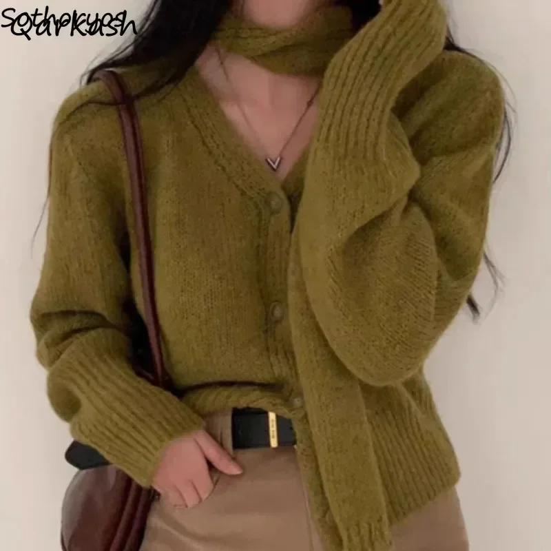 Cárdigans para mujer con cuello en V, combinables con todo, de punto, estilo coreano, sólidos, abrigos de Otoño Invierno para chicas jóvenes, suéteres cálidos de calle Retro