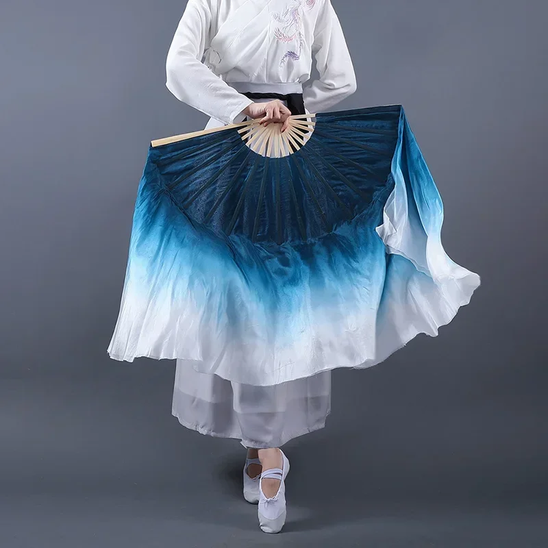 Gradient Ink Blue Silk Dance Fan - Double-Sided Extended Veil for Classical & Yangko Dance | Handheld Performance Fan