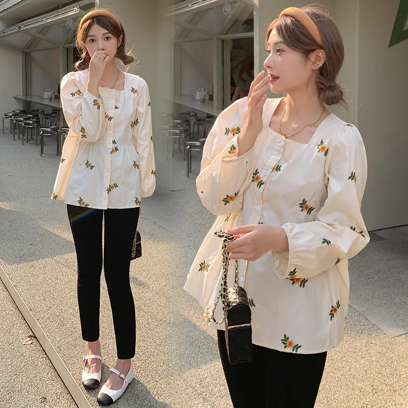 2024 Spring Maternity Shirts Fashion Floral Embroidery Long Sleeve Square Collar Pregnant Women\'s Blouses Button Fly Top Tees